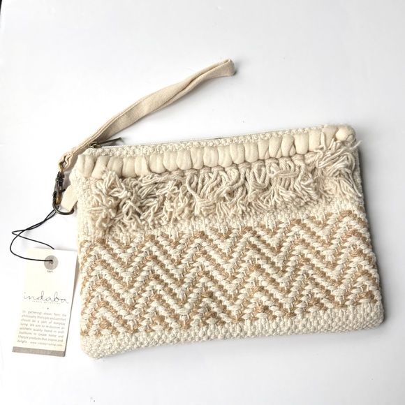 Indaba Handbags - Indaba‎ Bohemian 100% Cotton Natural Woven Jute Fringe Neutral Wristlet Clutch